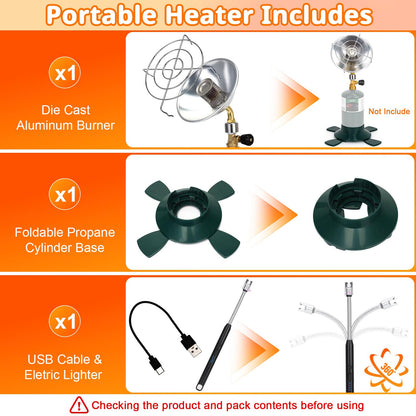 Portable Propane Heater for Camping Outdoor Space Garage Patio Heater 6200BTU Power with Control Valve Cordless 1lb Small Propane Foldable Gas Tank Holder for Fishing Hunting Tent Garage Backyard Use - CookCave