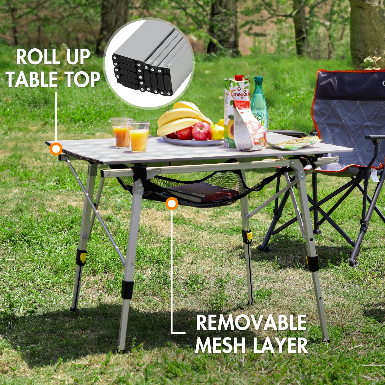 PORTAL Outdoor Folding Portable Picnic Camping Table with Adjustable Height Aluminum Roll Up Table Top Mesh Layer, Silver - CookCave