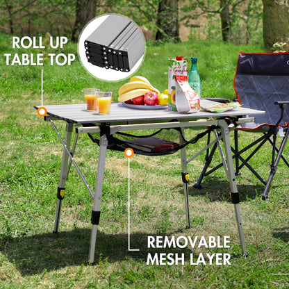 PORTAL Outdoor Folding Portable Picnic Camping Table with Adjustable Height Aluminum Roll Up Table Top Mesh Layer, Silver - CookCave