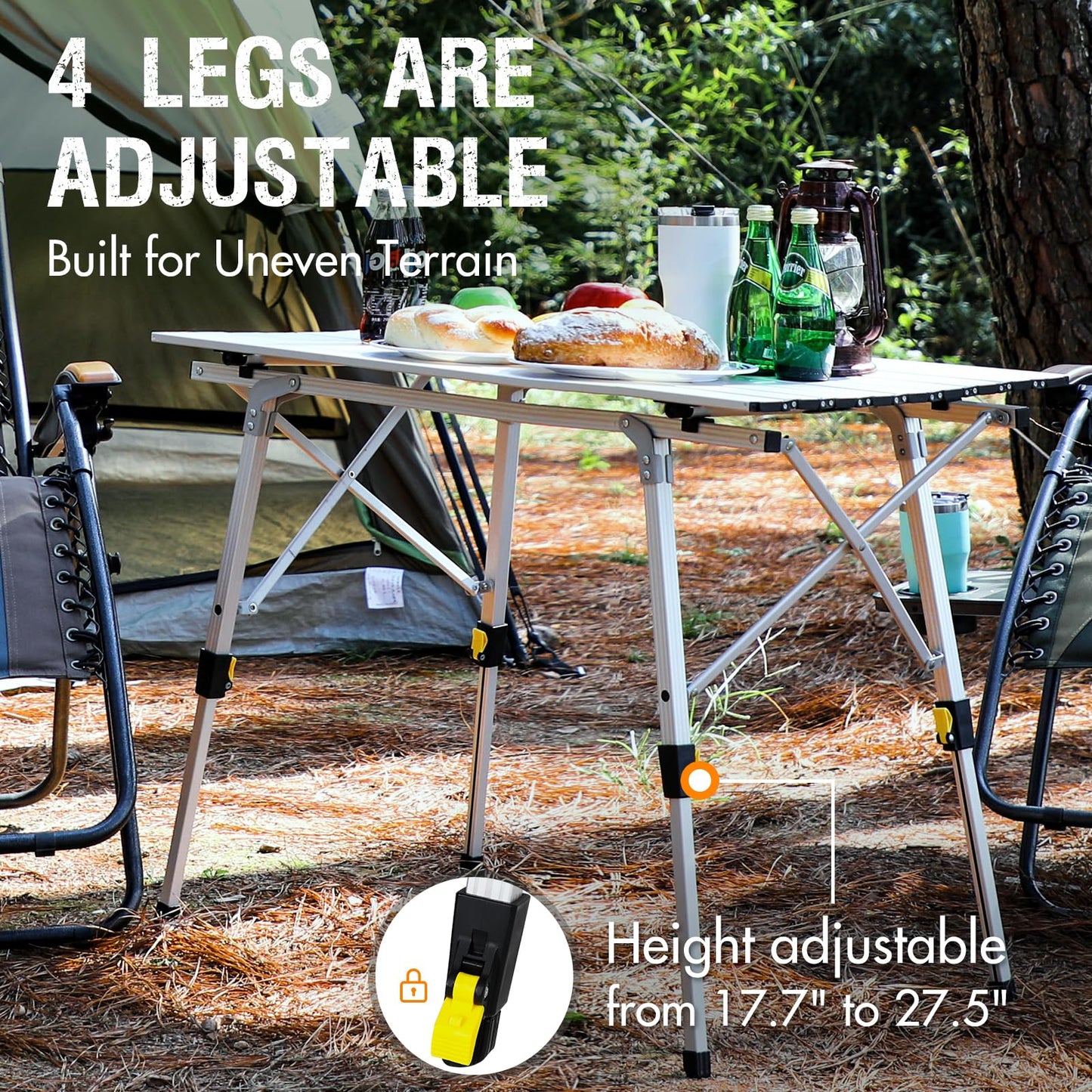 PORTAL Outdoor Folding Portable Picnic Camping Table with Adjustable Height Aluminum Roll Up Table Top Mesh Layer, Silver - CookCave