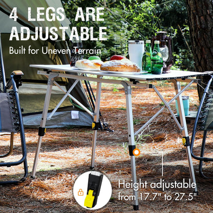 PORTAL Outdoor Folding Portable Picnic Camping Table with Adjustable Height Aluminum Roll Up Table Top Mesh Layer, Silver - CookCave