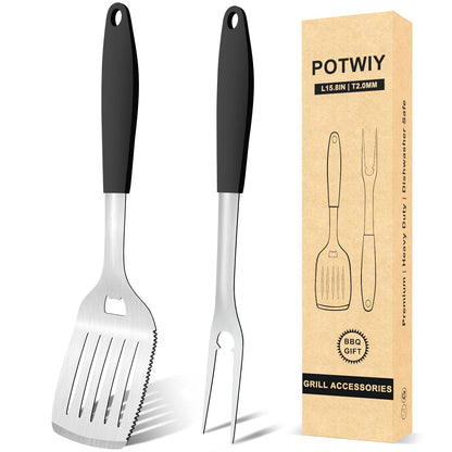 POTWIY Grill Tools BBQ Accessories Set of 2, 15.8'' Heavy Duty Stainless Steel Grill Utensils with Grill Spatula and Fork, Full Tang Silicone Handle, Outdoor Grilling Tools Barbecue Accessories - CookCave