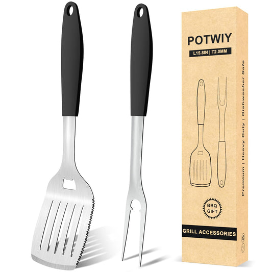 POTWIY Grill Tools BBQ Accessories Set of 2, 15.8'' Heavy Duty Stainless Steel Grill Utensils with Grill Spatula and Fork, Full Tang Silicone Handle, Outdoor Grilling Tools Barbecue Accessories - CookCave