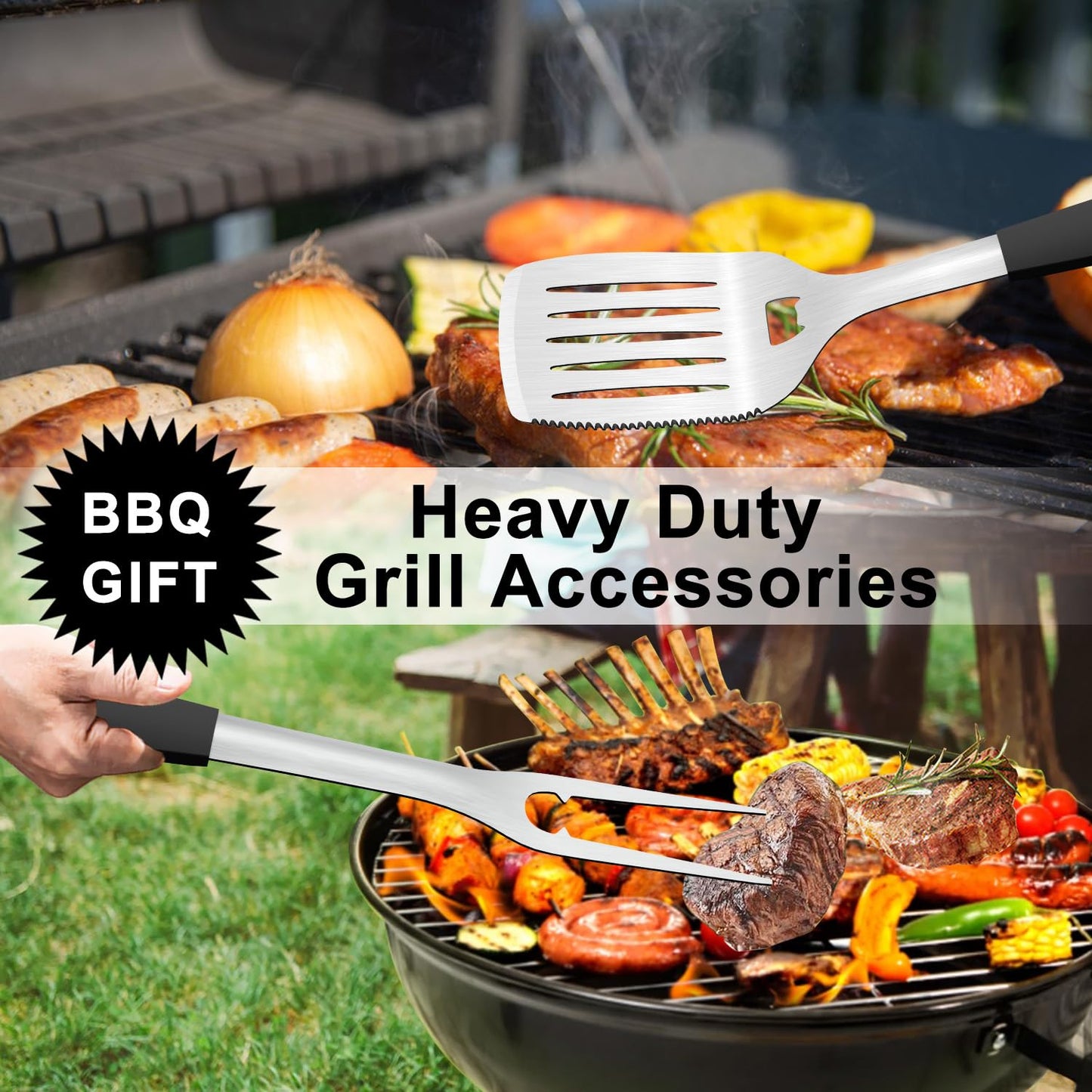 POTWIY Grill Tools BBQ Accessories Set of 2, 15.8'' Heavy Duty Stainless Steel Grill Utensils with Grill Spatula and Fork, Full Tang Silicone Handle, Outdoor Grilling Tools Barbecue Accessories - CookCave