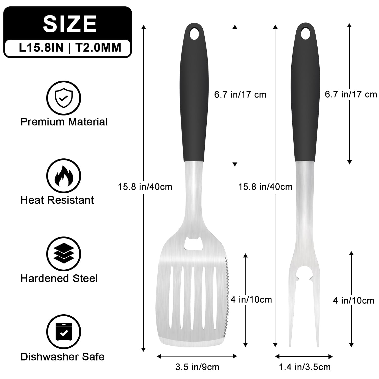 POTWIY Grill Tools BBQ Accessories Set of 2, 15.8'' Heavy Duty Stainless Steel Grill Utensils with Grill Spatula and Fork, Full Tang Silicone Handle, Outdoor Grilling Tools Barbecue Accessories - CookCave