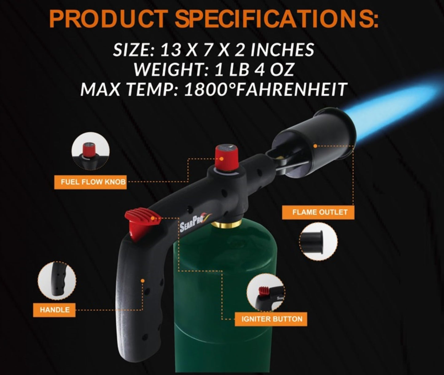 POWERFUL SearPro Charcoal Torch Lighter - Cooking Gadgets - Sous Vide - Cooking Torch - Culinary Kitchen Torch - Flamethrower Meater Gun Lighter - Chef Blow Torch - BBQ Propane Torch Tank Not Included - CookCave