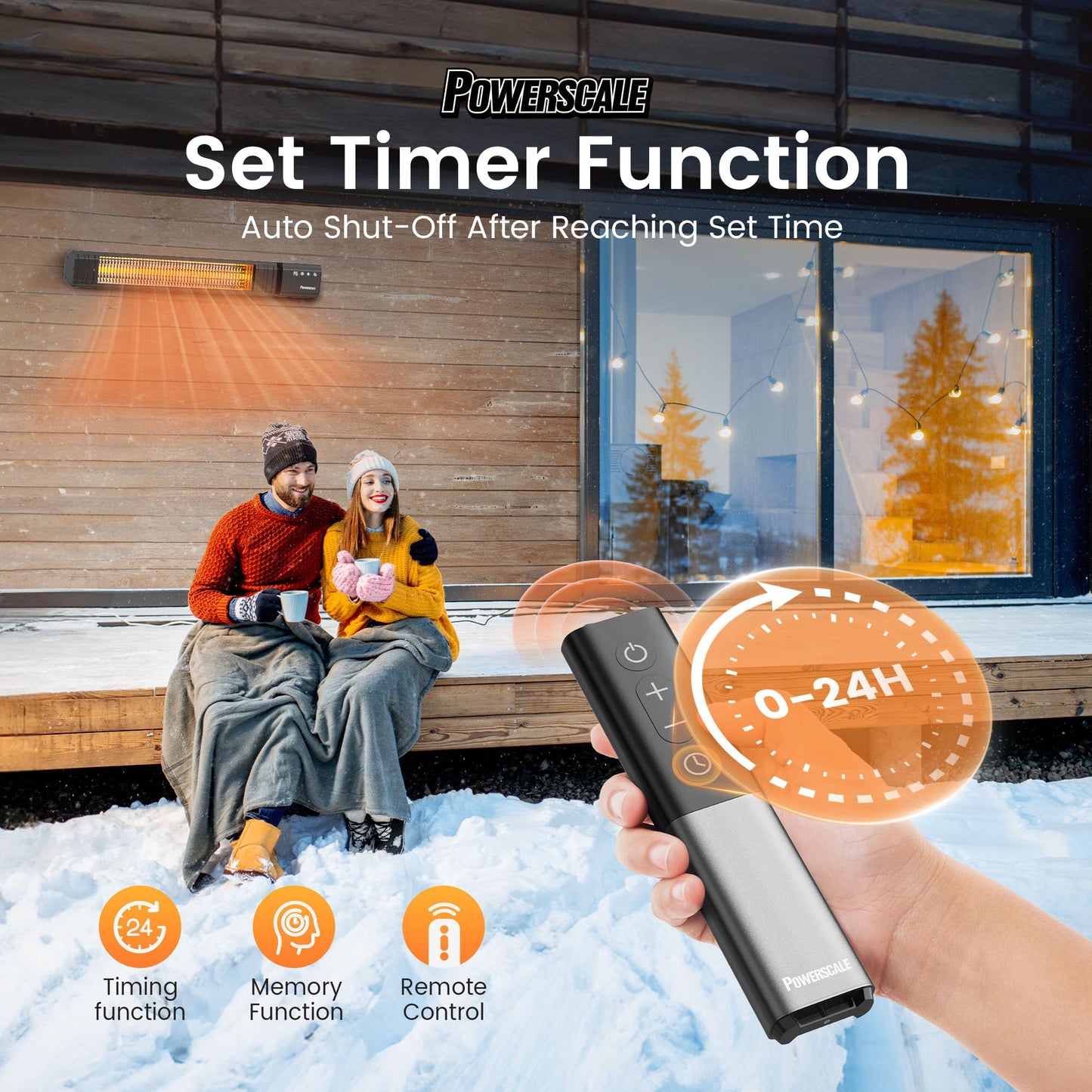 Powerscale Infrared Heater 24H Timer Outdoor Heater, IP65, Memory Function Infrared Electric Patio Heater, 9 Levels Heating Touchscreen With Remote Electric heater, Restaurant Backyard, 1500W, Black - CookCave