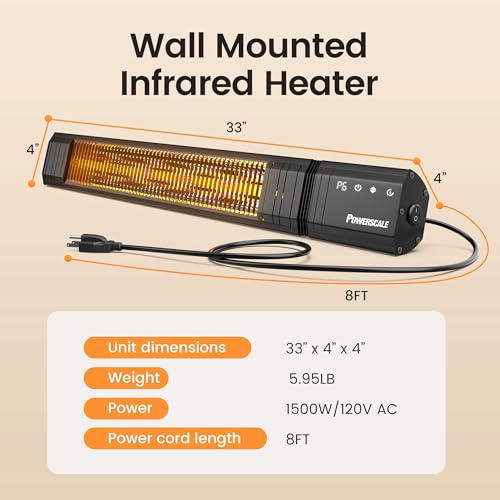 Powerscale Infrared Heater 24H Timer Outdoor Heater, IP65, Memory Function Infrared Electric Patio Heater, 9 Levels Heating Touchscreen With Remote Electric heater, Restaurant Backyard, 1500W, Black - CookCave