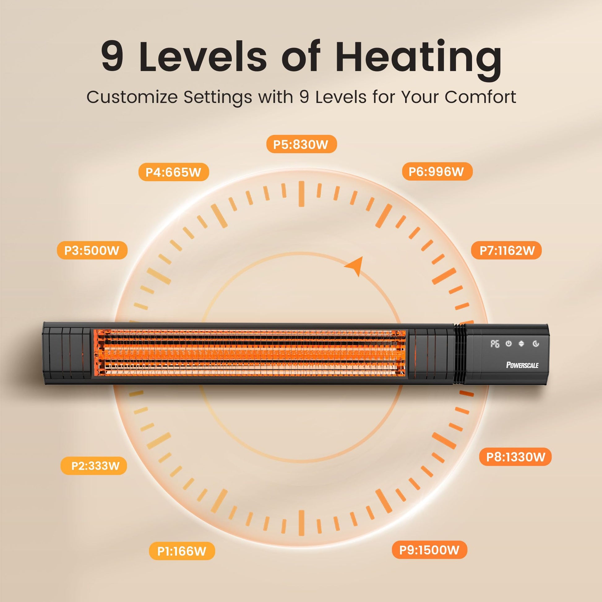 Powerscale Infrared Heater 24H Timer Outdoor Heater, IP65, Memory Function Infrared Electric Patio Heater, 9 Levels Heating Touchscreen With Remote Electric heater, Restaurant Backyard, 1500W, Black - CookCave