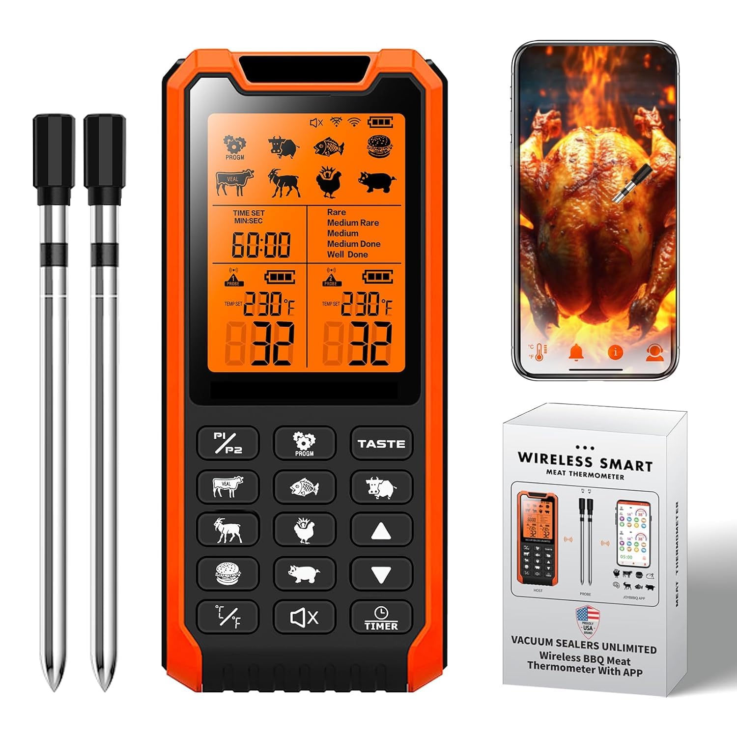 PRAVETTE Smart Bluetooth Meat Thermometer - Long Range Wireless Food Thermometer, Digital Meat Thermometer with Dual Probes for BBQ Grill, Oven, Smoker, Air Fryer - CookCave
