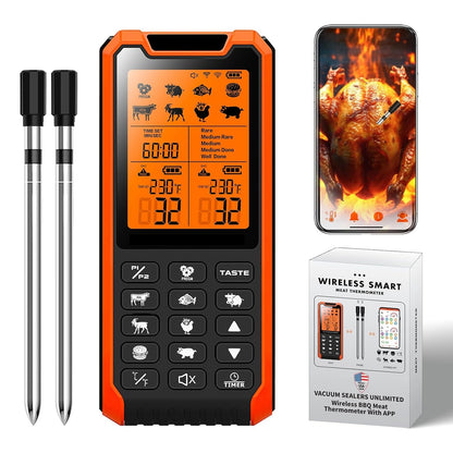 PRAVETTE Smart Bluetooth Meat Thermometer - Long Range Wireless Food Thermometer, Digital Meat Thermometer with Dual Probes for BBQ Grill, Oven, Smoker, Air Fryer - CookCave