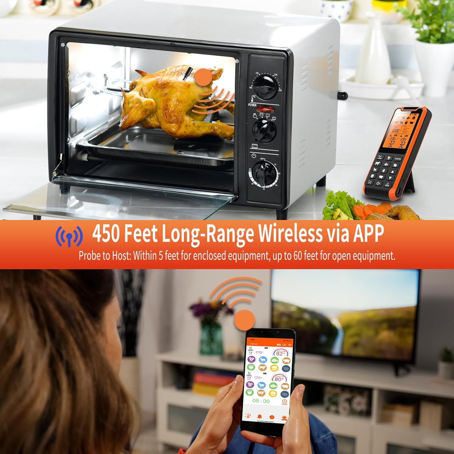 PRAVETTE Smart Bluetooth Meat Thermometer - Long Range Wireless Food Thermometer, Digital Meat Thermometer with Dual Probes for BBQ Grill, Oven, Smoker, Air Fryer - CookCave