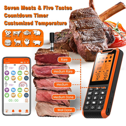 PRAVETTE Smart Bluetooth Meat Thermometer - Long Range Wireless Food Thermometer, Digital Meat Thermometer with Dual Probes for BBQ Grill, Oven, Smoker, Air Fryer - CookCave