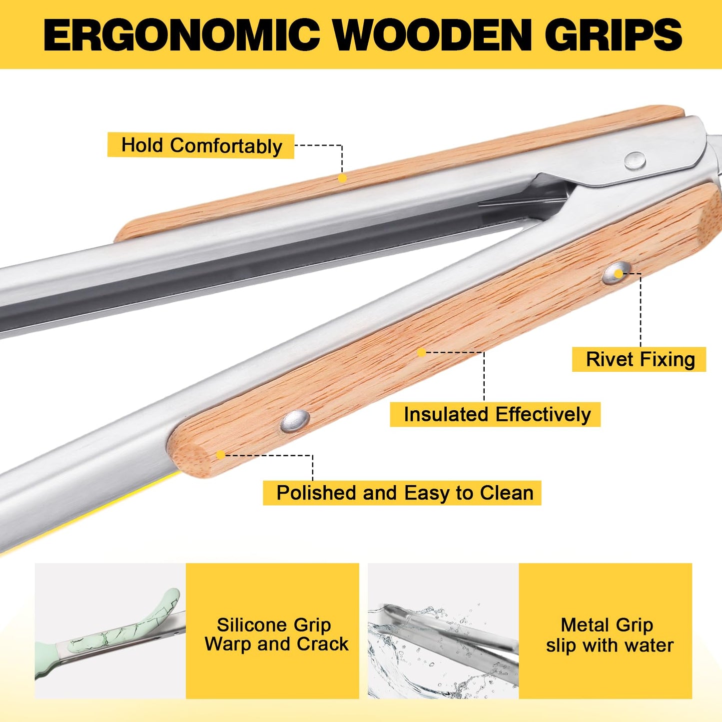 Premium Metal Kitchen Tongs for Cooking - Heat Resistant 1100°F Stainless Steel Tongs with Comfortable Wooden Grips - Perfect for Grill, Salad, Toaster, Cooking, and Serving Food (12-inch) - CookCave