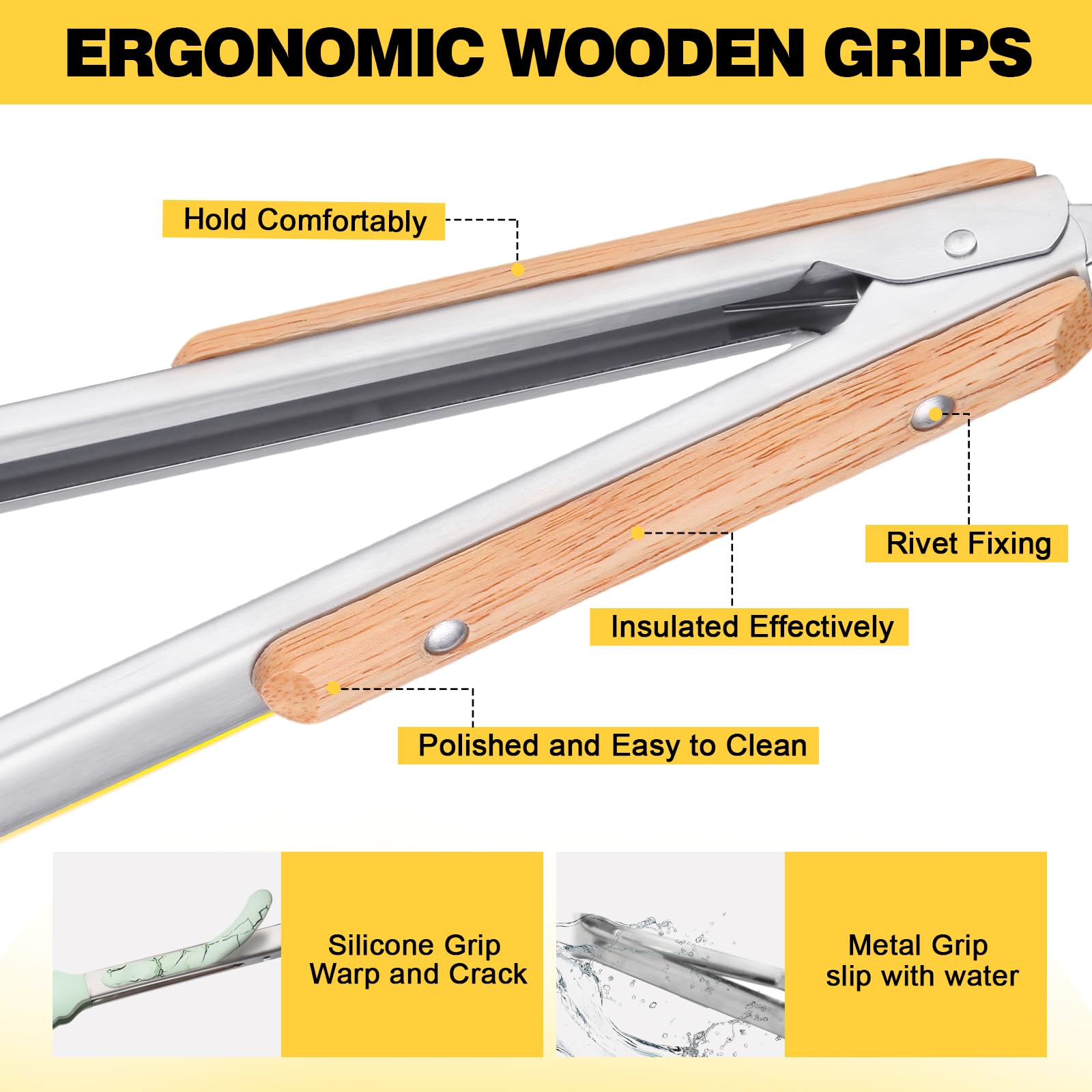 Premium Metal Kitchen Tongs for Cooking - Heat Resistant 1100°F Stainless Steel Tongs with Comfortable Wooden Grips - Perfect for Grill, Salad, Toaster, Cooking, and Serving Food (12-inch) - CookCave