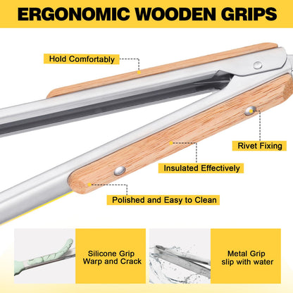 Premium Metal Kitchen Tongs for Cooking - Heat Resistant 1100°F Stainless Steel Tongs with Comfortable Wooden Grips - Perfect for Grill, Salad, Toaster, Cooking, and Serving Food (12-inch) - CookCave