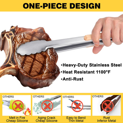 Premium Metal Kitchen Tongs for Cooking - Heat Resistant 1100°F Stainless Steel Tongs with Comfortable Wooden Grips - Perfect for Grill, Salad, Toaster, Cooking, and Serving Food (12-inch) - CookCave