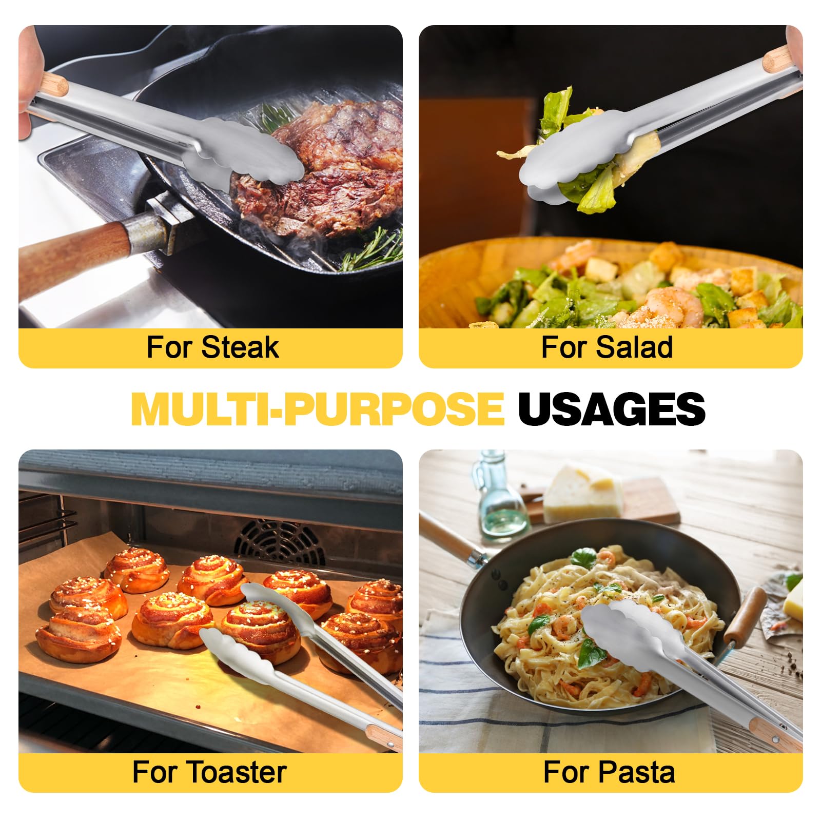 Premium Metal Kitchen Tongs for Cooking - Heat Resistant 1100°F Stainless Steel Tongs with Comfortable Wooden Grips - Perfect for Grill, Salad, Toaster, Cooking, and Serving Food (12-inch) - CookCave