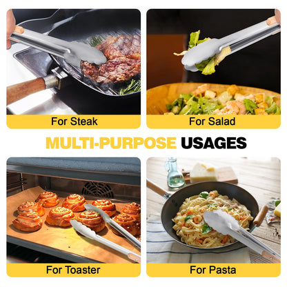 Premium Metal Kitchen Tongs for Cooking - Heat Resistant 1100°F Stainless Steel Tongs with Comfortable Wooden Grips - Perfect for Grill, Salad, Toaster, Cooking, and Serving Food (12-inch) - CookCave