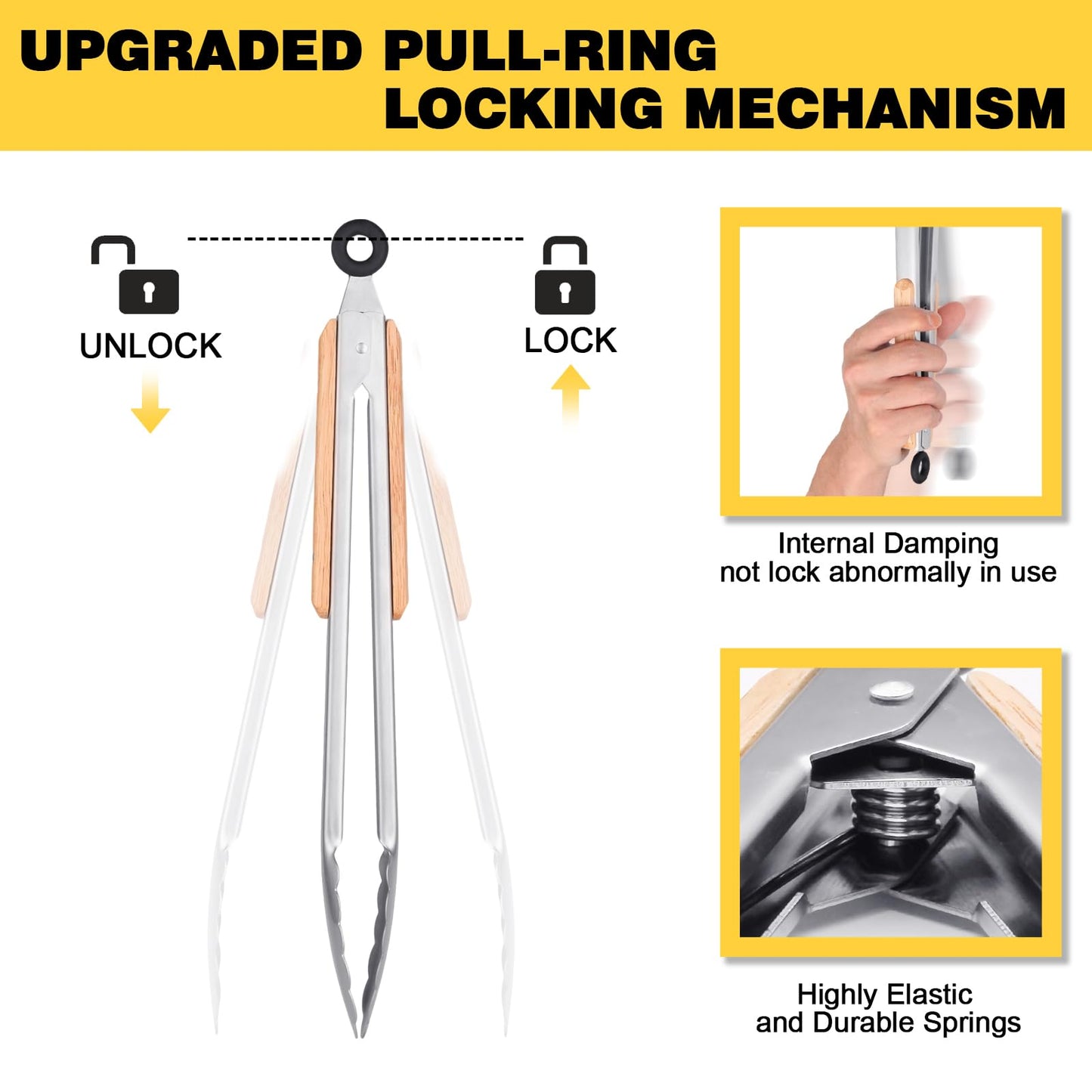 Premium Metal Kitchen Tongs for Cooking - Heat Resistant 1100°F Stainless Steel Tongs with Comfortable Wooden Grips - Perfect for Grill, Salad, Toaster, Cooking, and Serving Food (12-inch) - CookCave