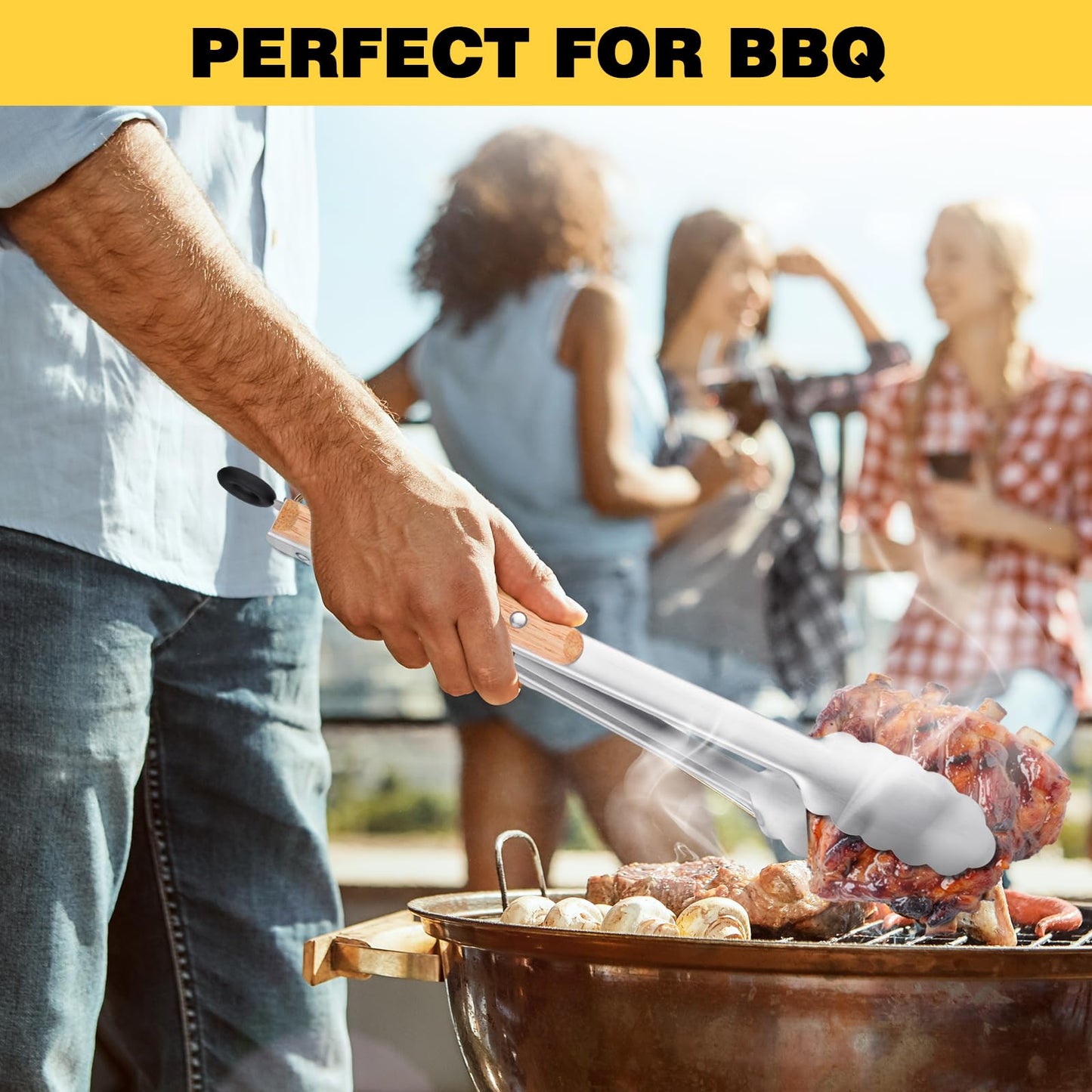 Premium Metal Kitchen Tongs for Cooking - Heat Resistant 1100°F Stainless Steel Tongs with Comfortable Wooden Grips - Perfect for Grill, Salad, Toaster, Cooking, and Serving Food (12-inch) - CookCave