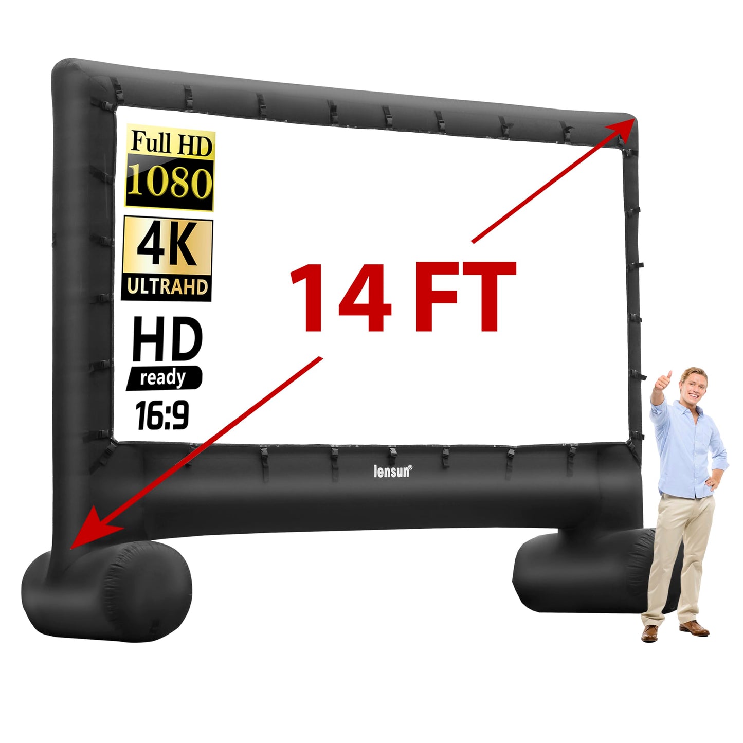 Pro 14 Feet Inflatable Outdoor Movie Projector Screen, Outdoor Blow Projection Screen Mega Projector Screen for Front and Rear Projection - Includes Inflation Fan, Base Stakes, Tie-Downs & Storage Bag - CookCave