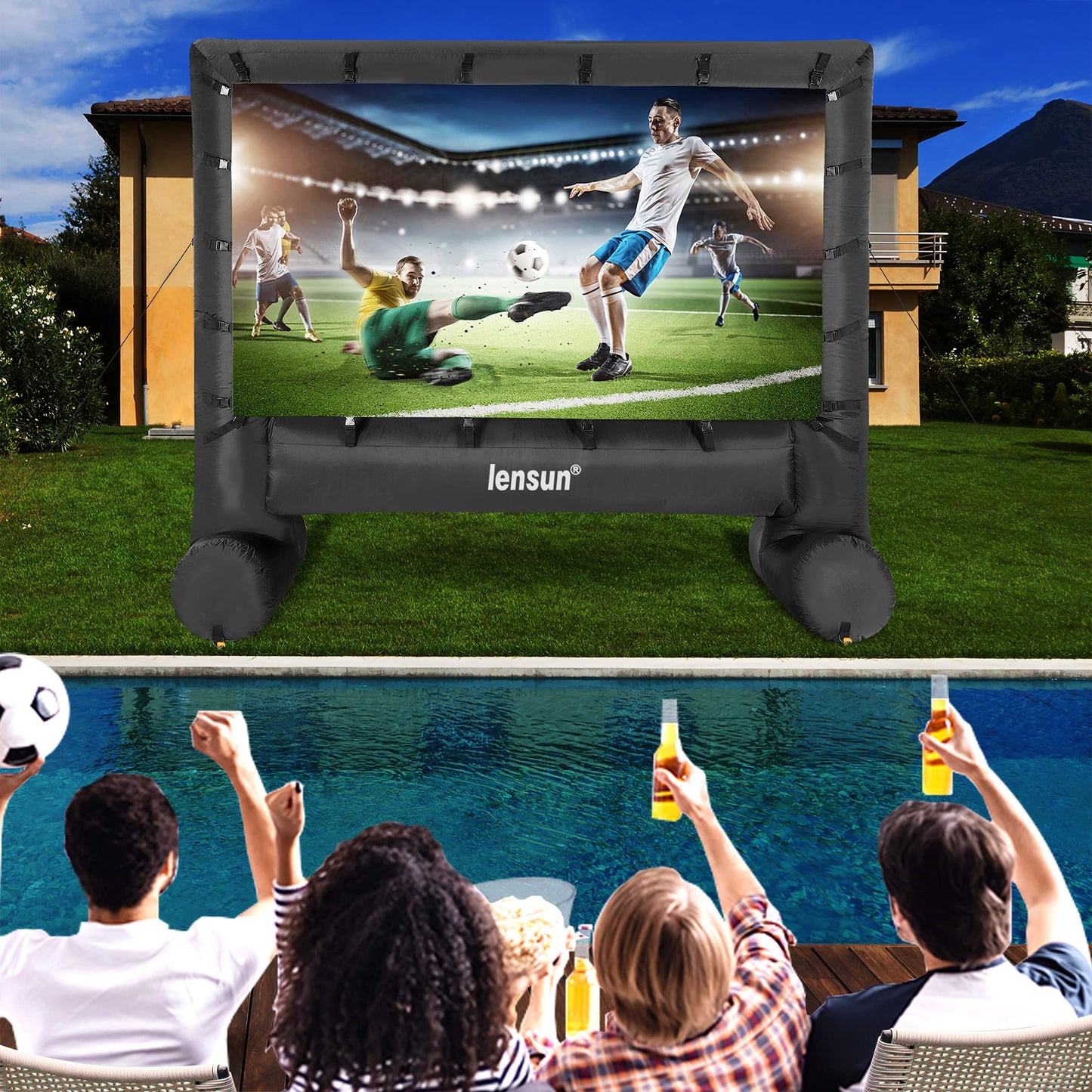Pro 14 Feet Inflatable Outdoor Movie Projector Screen, Outdoor Blow Projection Screen Mega Projector Screen for Front and Rear Projection - Includes Inflation Fan, Base Stakes, Tie-Downs & Storage Bag - CookCave