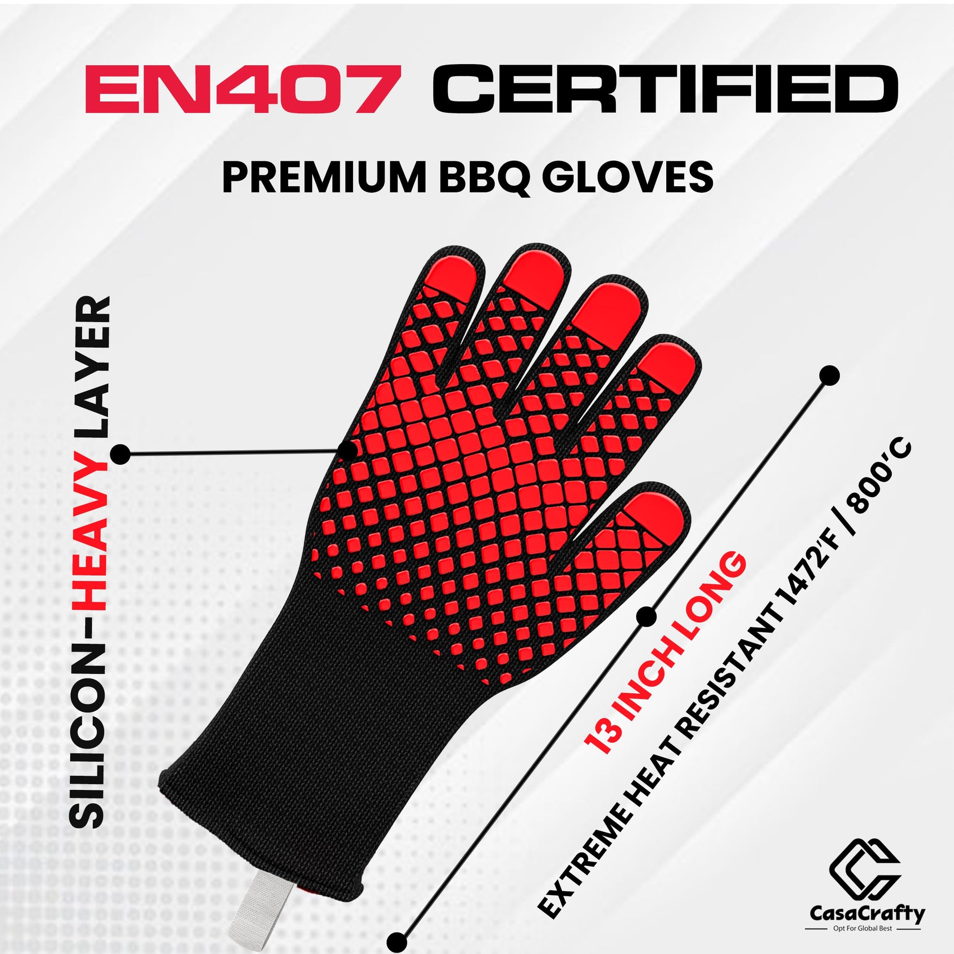 PRO-Series BBQ & Oven Gloves – 1472°F Heat Resistant | EN407 Certified Fireproof/Heatproof Grill Mitts with Silicone Grip | 13” Long for Grilling, Baking, Cooking, Camping & Welding by CASACRAFTY - CookCave