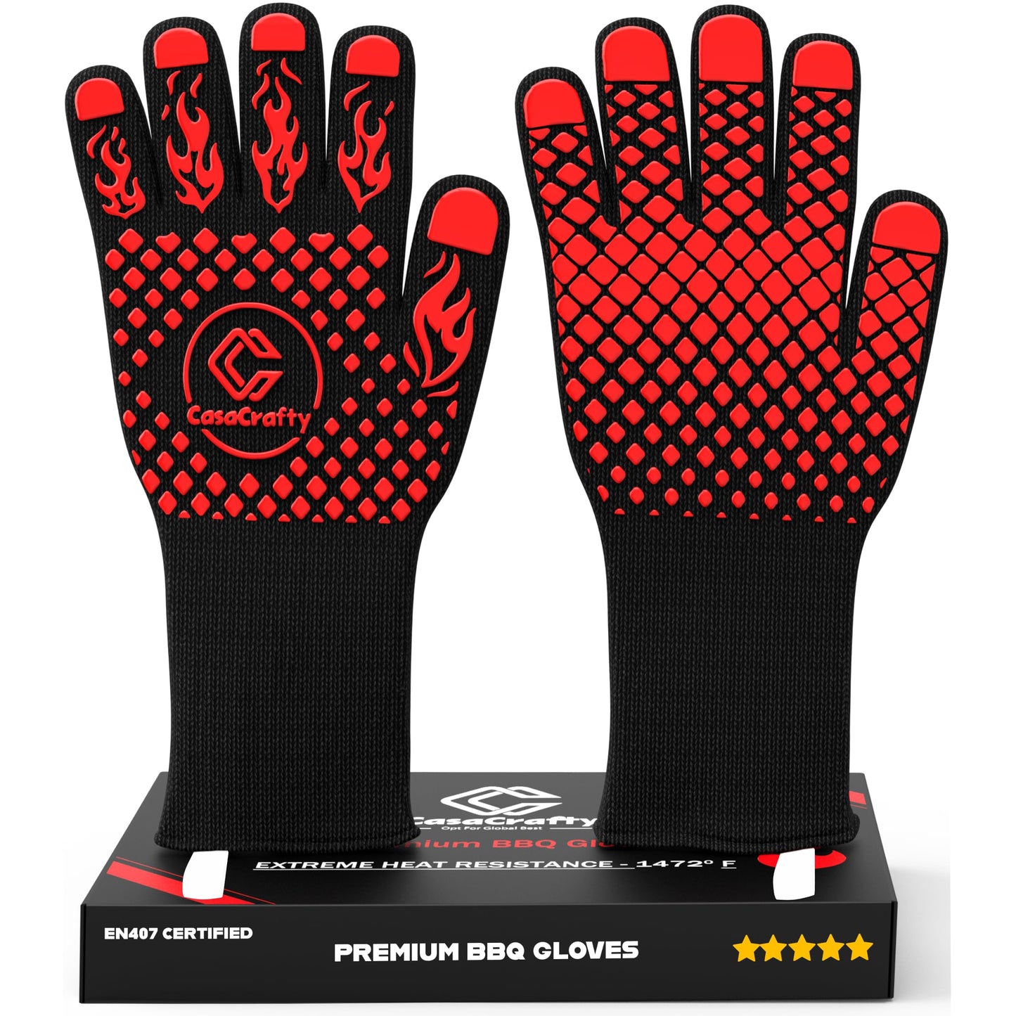 PRO-Series BBQ & Oven Gloves – 1472°F Heat Resistant | EN407 Certified Fireproof/Heatproof Grill Mitts with Silicone Grip | 13” Long for Grilling, Baking, Cooking, Camping & Welding by CASACRAFTY - CookCave