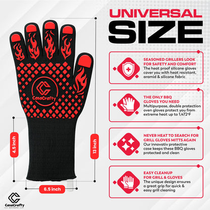 PRO-Series BBQ & Oven Gloves – 1472°F Heat Resistant | EN407 Certified Fireproof/Heatproof Grill Mitts with Silicone Grip | 13” Long for Grilling, Baking, Cooking, Camping & Welding by CASACRAFTY - CookCave
