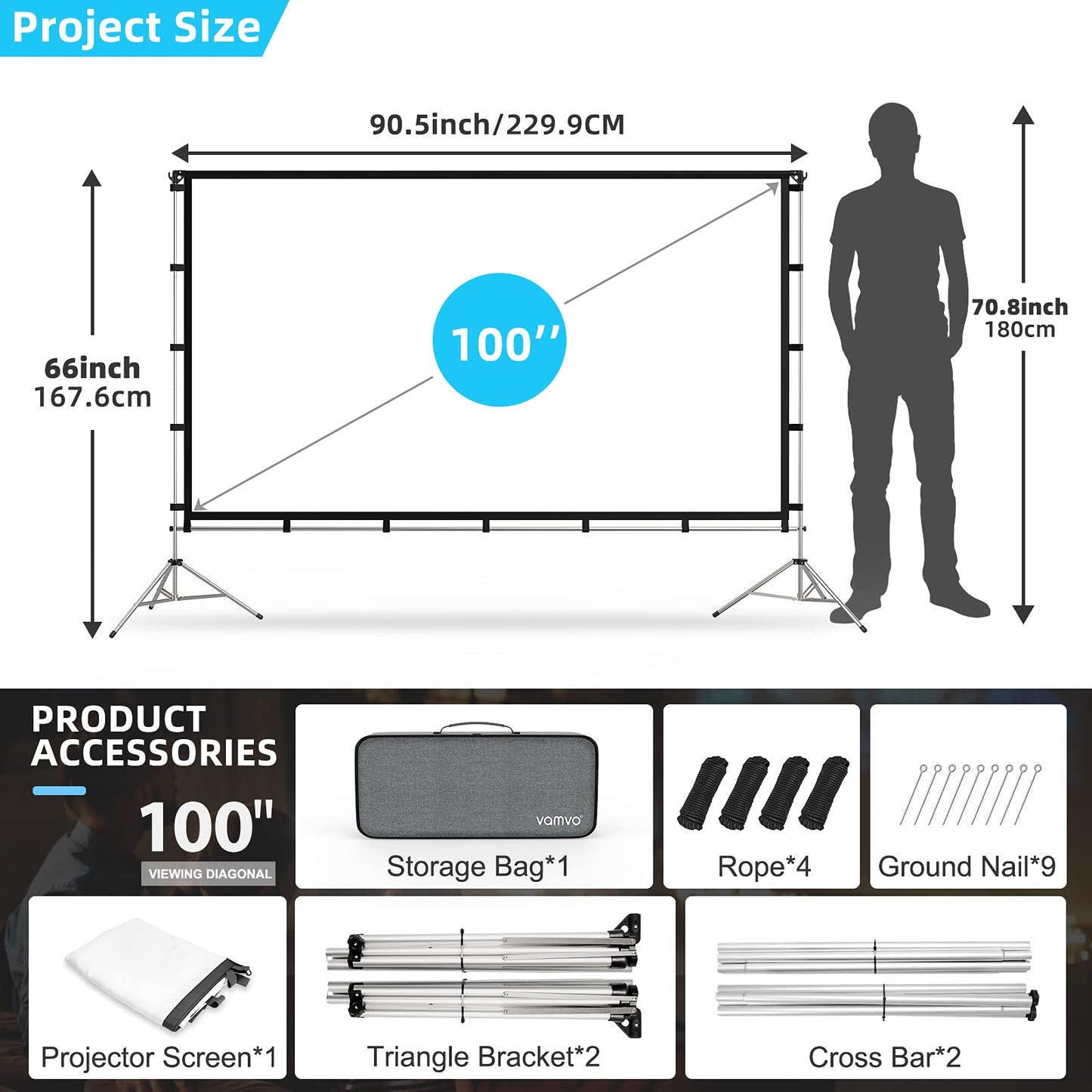 Projector Screen with Stand, Vamvo 100 inch Portable Foldable Projection Screen with Aluminum Alloy Stand Outdoor Movie Screens with Carrying Bag for Home Theater Camping and Recreational Events - CookCave