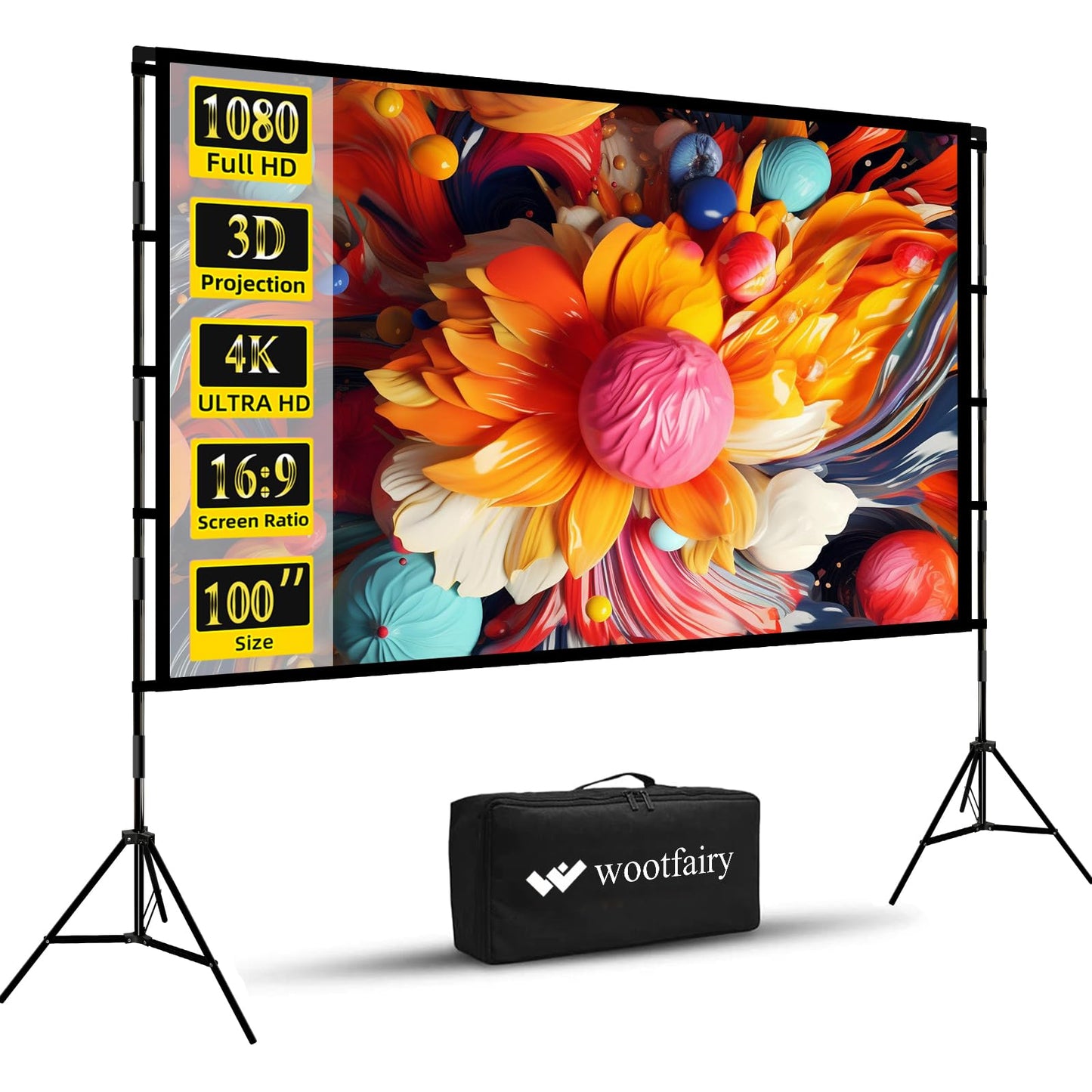 Projector Screen with Stand, Wootfairy 100 inch Foldable and Portable Projection Screen 16:9 4K HD Rear Front Wrinkle-Free Movie Screen with Carry Bag for Indoor Outdoor Home Theater Backyard Cinema - CookCave