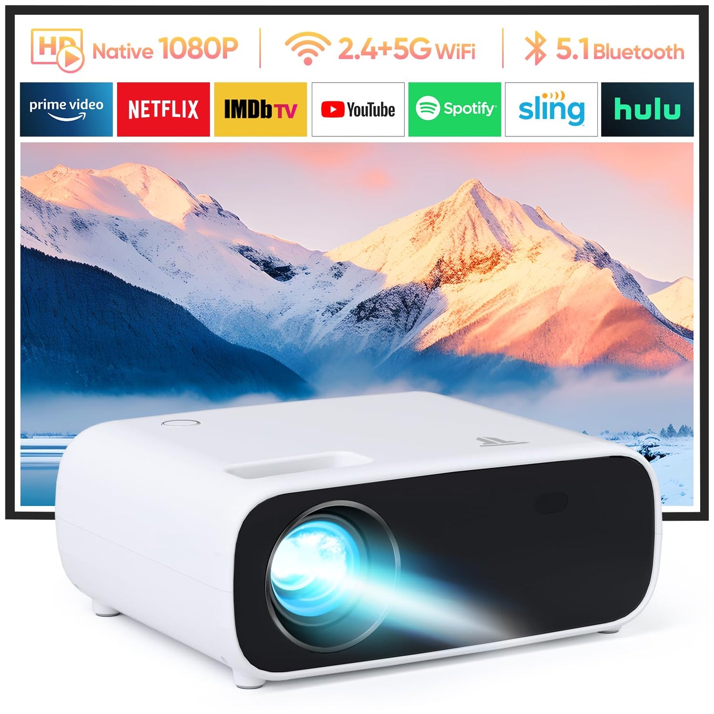 Projector with WiFi and Bluetooth, 500Ansi Native 1080P Projector,Portable Outdoor Projector, Movie Mini Projector Compatible with iOS/Android/HDMI/ TV Stick - CookCave