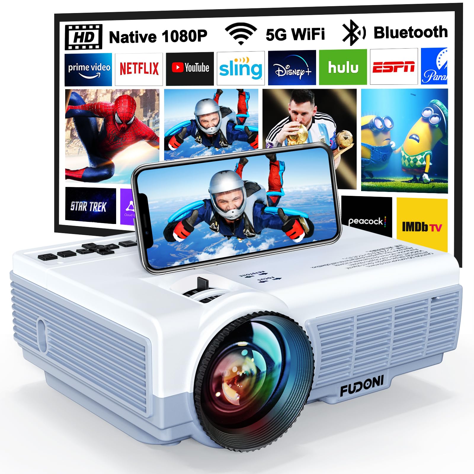 Projector with WiFi and Bluetooth, FUDONI Upgrade Projector Native 1080P 14000L 4K Supported, Portable Movie Outdoor Projector for Home Theater, Compatible w HDMI/USB/TV Stick/Laptop/iOS Android Phone - CookCave