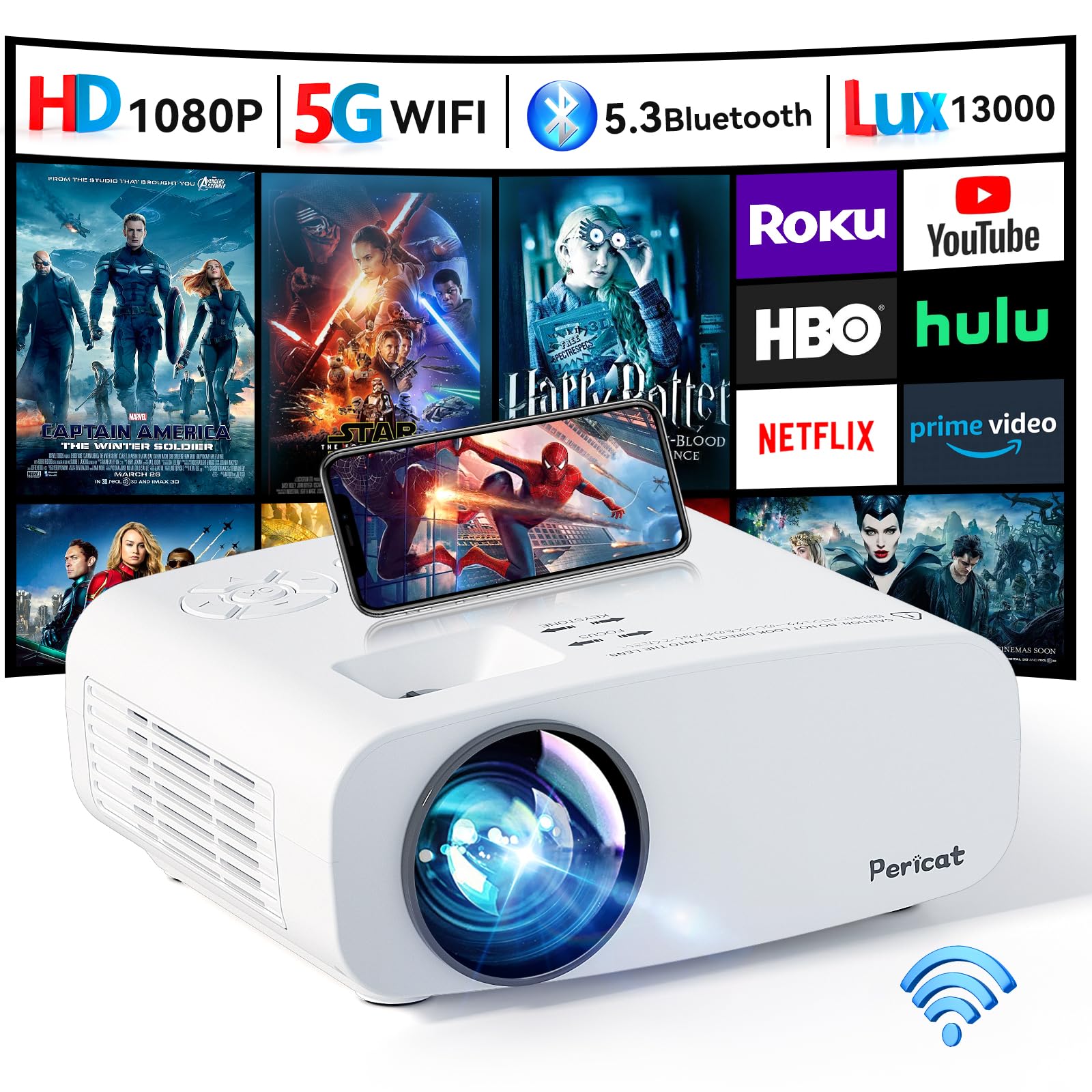 Projector with WiFi and Bluetooth, Pericat 4K Supported Native 1080P Projector, Portable Movie Outdoor Projector for Home Theater, Mini Projector Compatible with PC, HDMI, USB, TV Stick, PS5 - CookCave