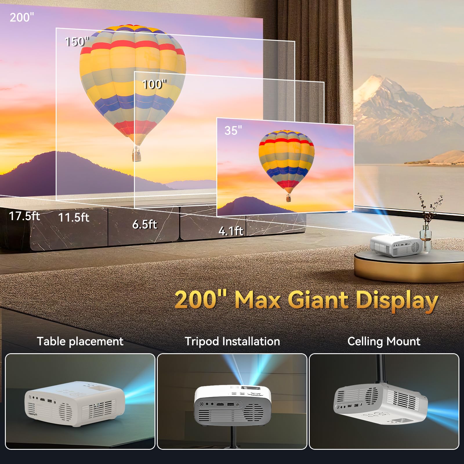 Projector with WiFi and Bluetooth, Pericat 4K Supported Native 1080P Projector, Portable Movie Outdoor Projector for Home Theater, Mini Projector Compatible with PC, HDMI, USB, TV Stick, PS5 - CookCave