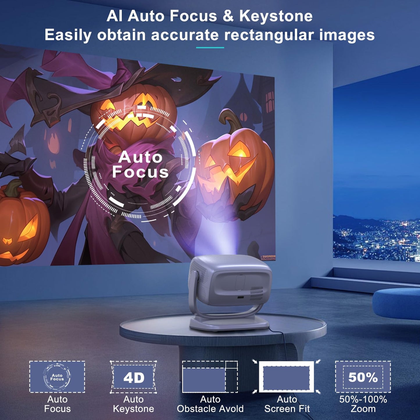 Projector with WiFi and Bluetooth Portable Outdoor: [Auto Focus&Keystone/360° Stand] Smart TV 4K Movie Projector with Apps Netflix Licensed 50%Zoom 700ANSI 3D DoIby Audio Android Home Camping Ceiling - CookCave