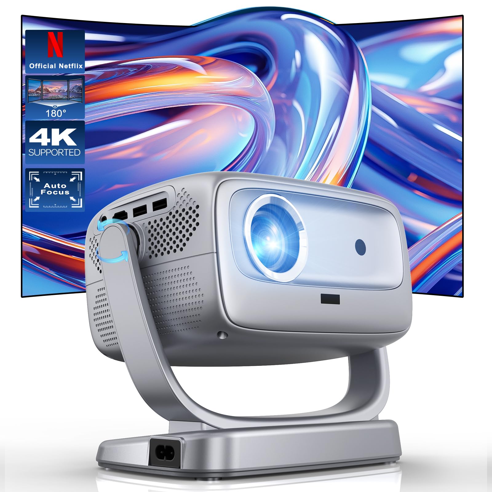 Projector with WiFi and Bluetooth Portable Outdoor: [Auto Focus&Keystone/360° Stand] Smart TV 4K Movie Projector with Apps Netflix Licensed 50%Zoom 700ANSI 3D DoIby Audio Android Home Camping Ceiling - CookCave