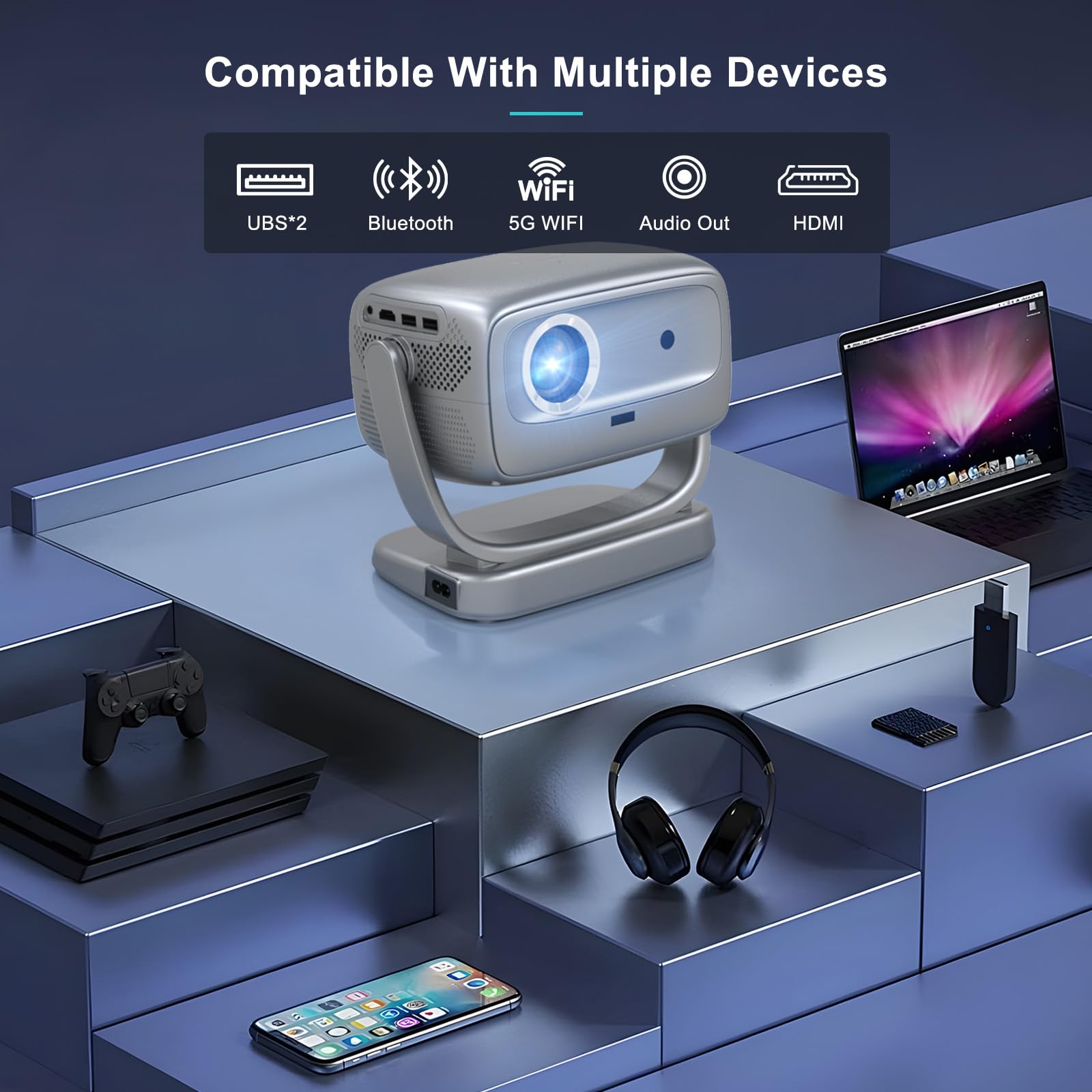 Projector with WiFi and Bluetooth Portable Outdoor: [Auto Focus&Keystone/360° Stand] Smart TV 4K Movie Projector with Apps Netflix Licensed 50%Zoom 700ANSI 3D DoIby Audio Android Home Camping Ceiling - CookCave