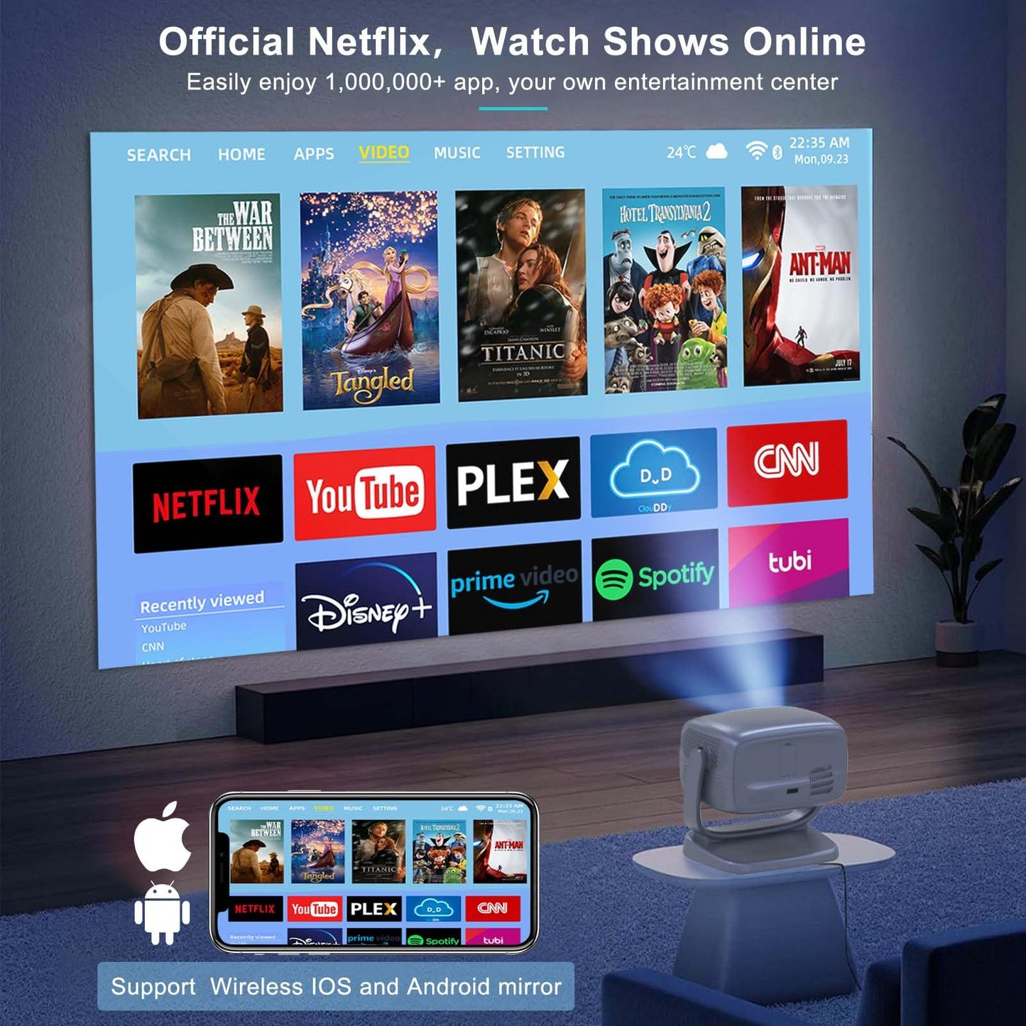Projector with WiFi and Bluetooth Portable Outdoor: [Auto Focus&Keystone/360° Stand] Smart TV 4K Movie Projector with Apps Netflix Licensed 50%Zoom 700ANSI 3D DoIby Audio Android Home Camping Ceiling - CookCave