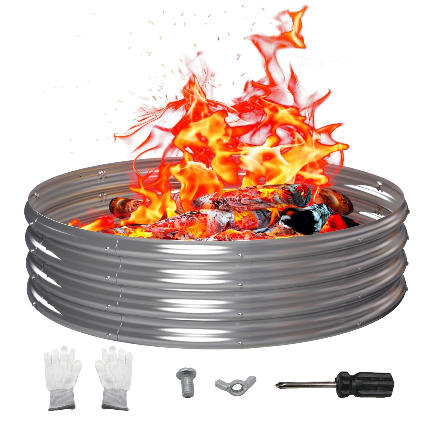 PROWORX 48 Inch Outdoor Fire Pit Ring, Round Galvanized Portable Fire Pit for Camping, Metal Steel Bonfire Fire Ring for Outside, Backyard - CookCave