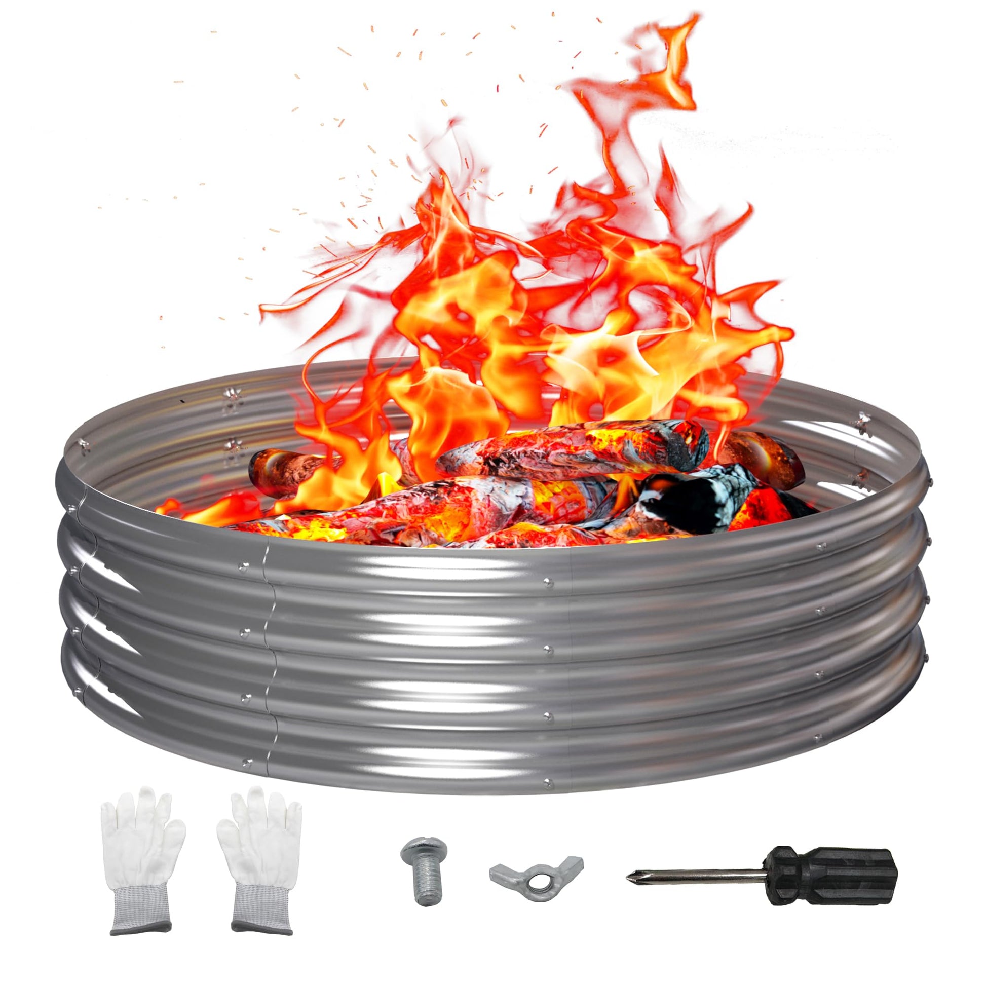PROWORX 48 Inch Outdoor Fire Pit Ring, Round Galvanized Portable Fire Pit for Camping, Metal Steel Bonfire Fire Ring for Outside, Backyard - CookCave