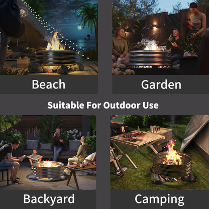 PROWORX 48 Inch Outdoor Fire Pit Ring, Round Galvanized Portable Fire Pit for Camping, Metal Steel Bonfire Fire Ring for Outside, Backyard - CookCave