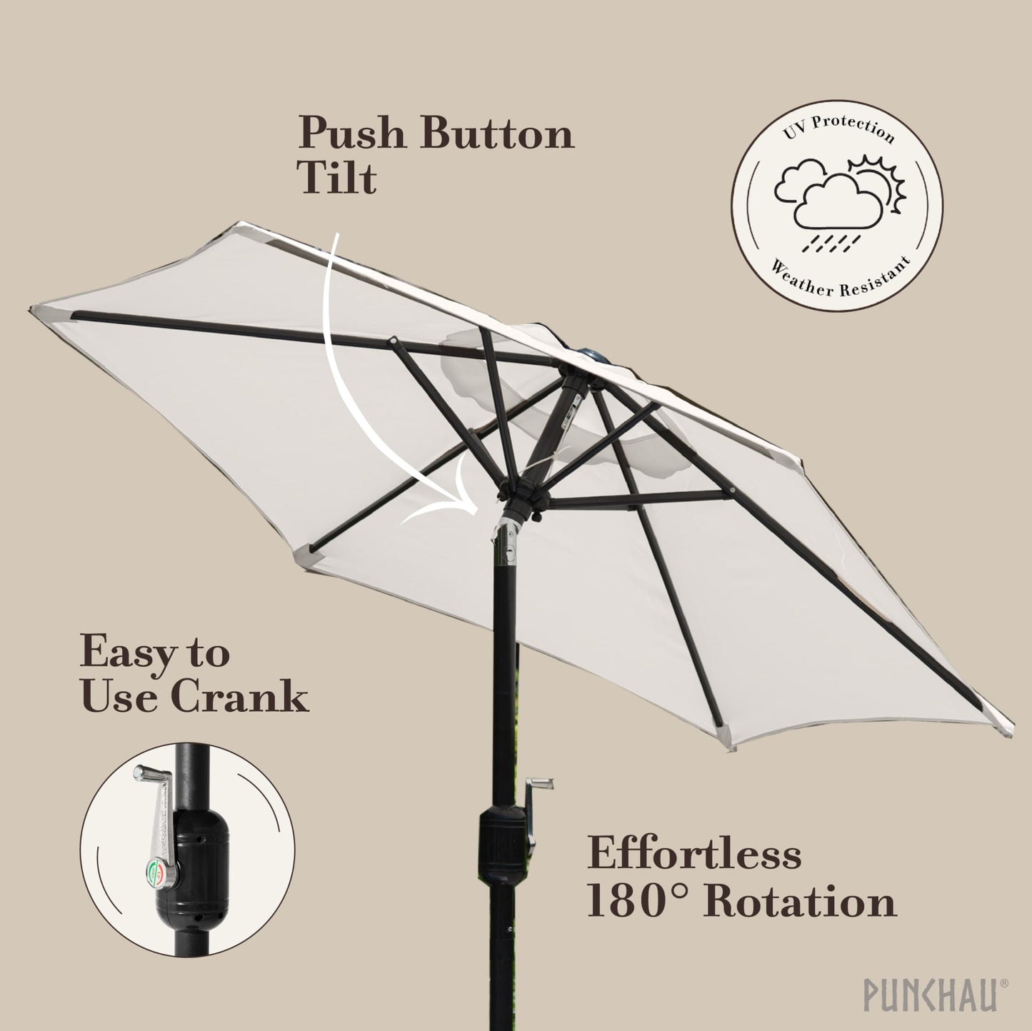 Punchau 6 Ft Outdoor Patio Umbrella, Easy Open/Close Crank and Push Button Tilt Adjustment - Beige Market Umbrellas - CookCave