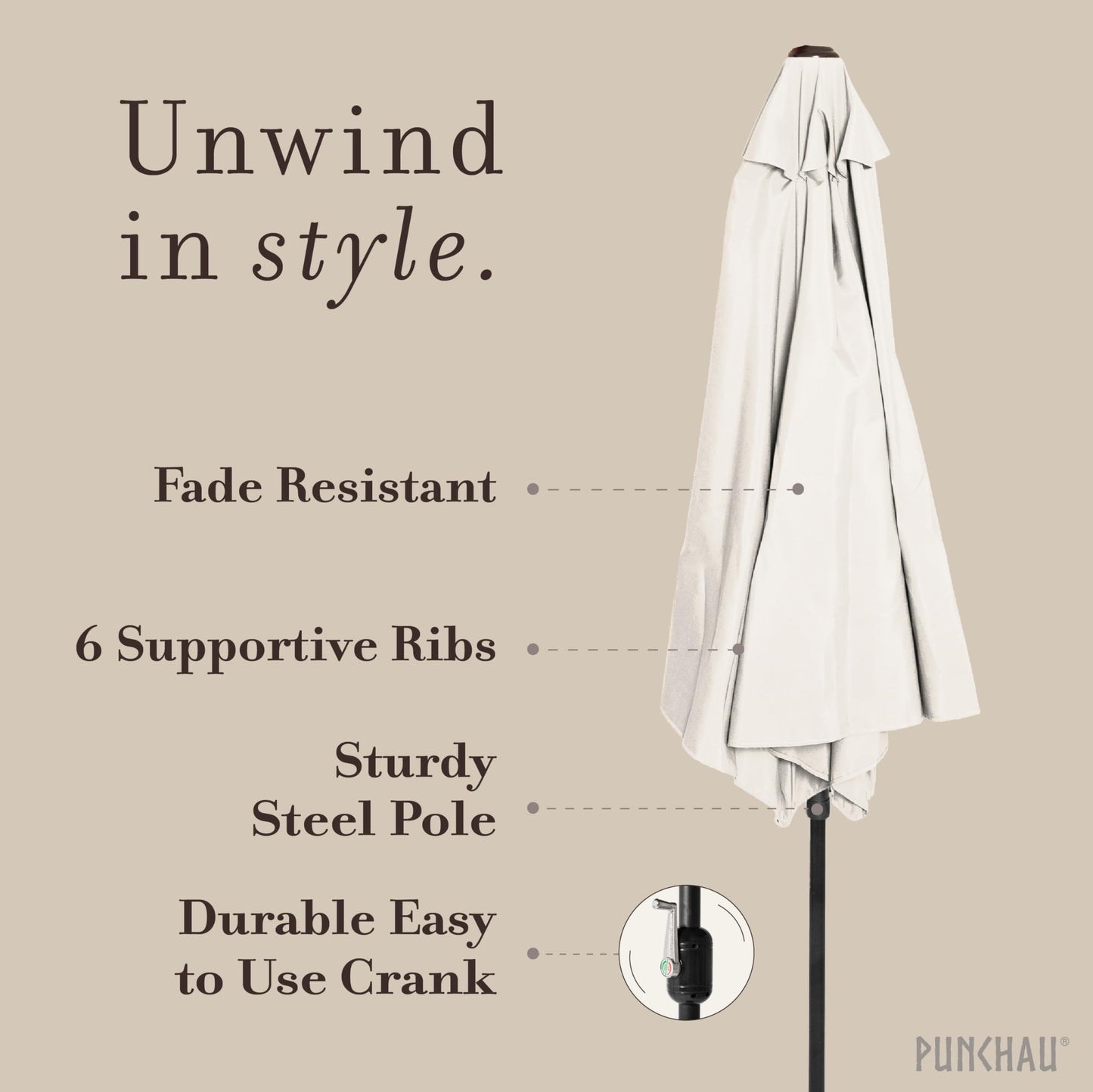 Punchau 6 Ft Outdoor Patio Umbrella, Easy Open/Close Crank and Push Button Tilt Adjustment - Beige Market Umbrellas - CookCave