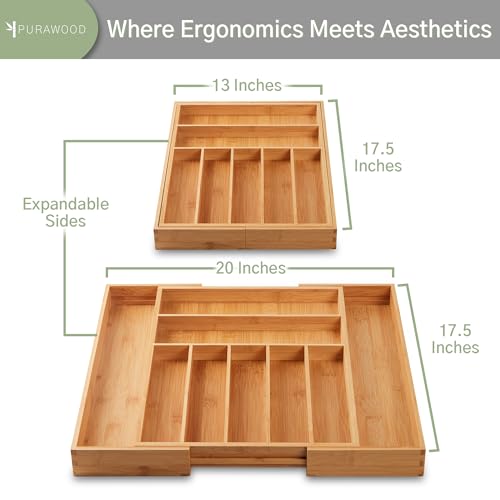 Purawood - Large Premium Bamboo Silverware Organizer - Expandable Kitchen Drawer & Utensil Organizer, 17" x 19.75" Cutlery Tray with Drawer Dividers for Kitchen Flatware (7-9 Slots) (Natural) - CookCave