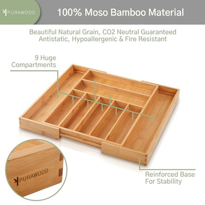 Purawood - Large Premium Bamboo Silverware Organizer - Expandable Kitchen Drawer & Utensil Organizer, 17" x 19.75" Cutlery Tray with Drawer Dividers for Kitchen Flatware (7-9 Slots) (Natural) - CookCave