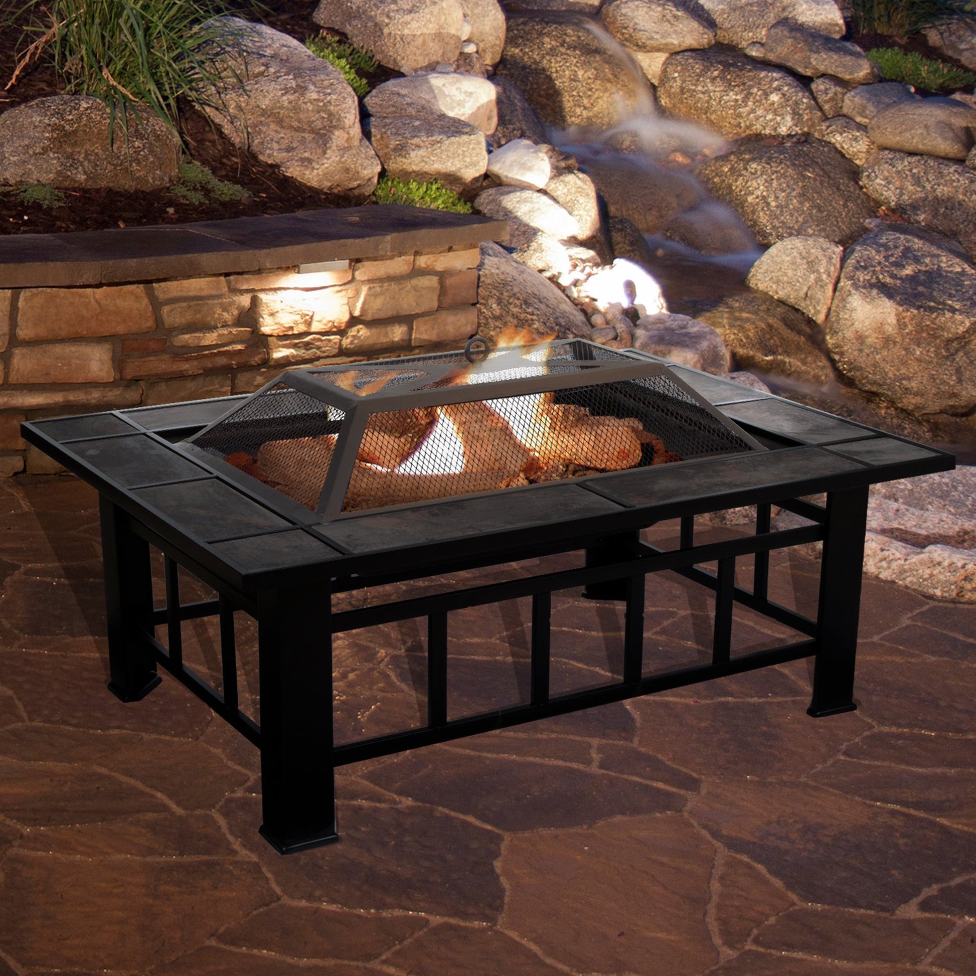 Pure Garden W150098 37" Tile Rectangular Fire Pit, Black - CookCave