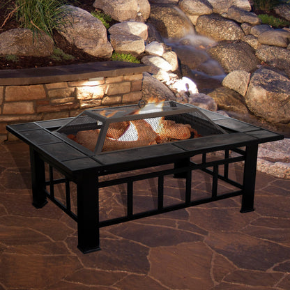 Pure Garden W150098 37" Tile Rectangular Fire Pit, Black - CookCave