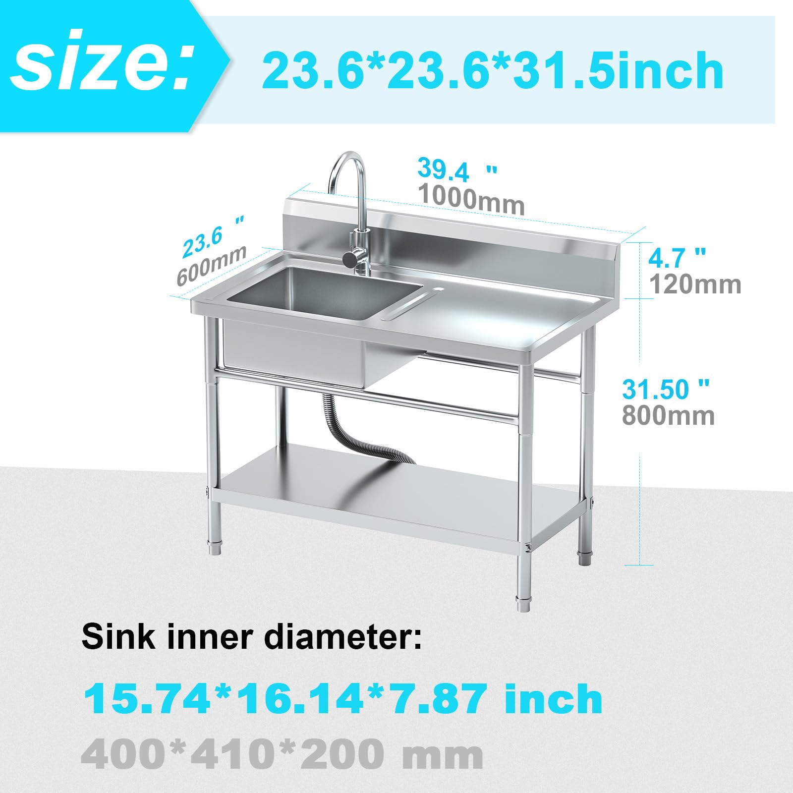 PurezmMoto Utility Sink Freestanding Single Bowl Laundry Sink with Hot and Cold Water Plumbing Workbench & Storage Stainless Steel Sink for Kitchen and Bathroom Farmhouse Style, 39Inch, Metallic Gray - CookCave